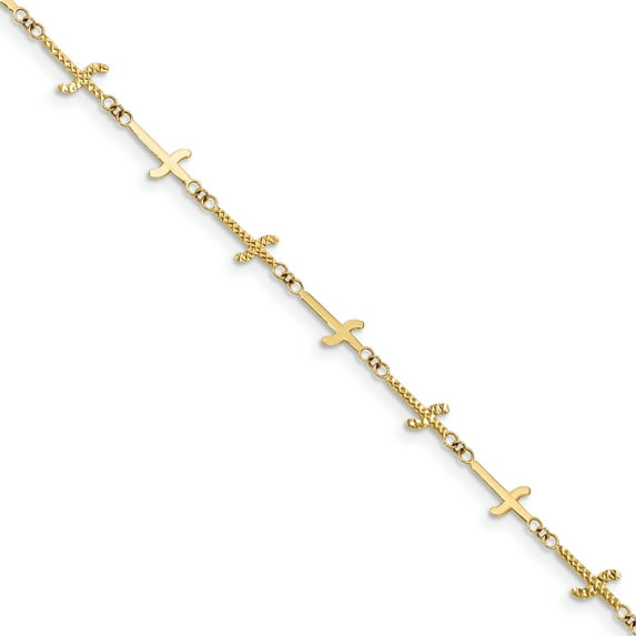 14k Polished Diamond-cut Crosses w/1in. Ext. Bracelet (Weight: 1.6 Grams, Length: 7 Inches)