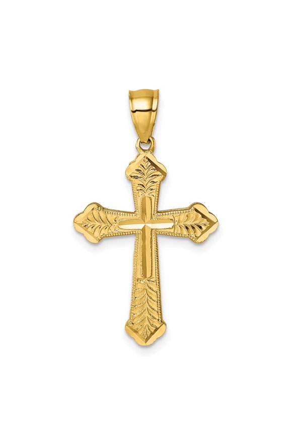 14k Polished Diamond-cut Textured Fancy Budded Cross Pendant