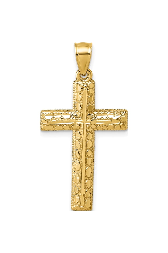 14K Yellow Gold Polished Diamond-cut Textured Fancy Latin Cross Pendant