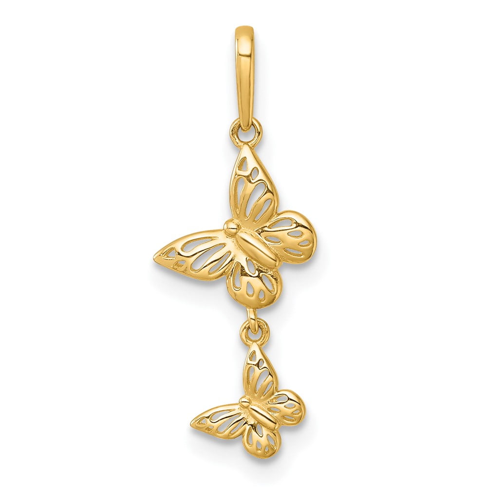 14k Polished Double Butterfly Dangle Charm Pendant