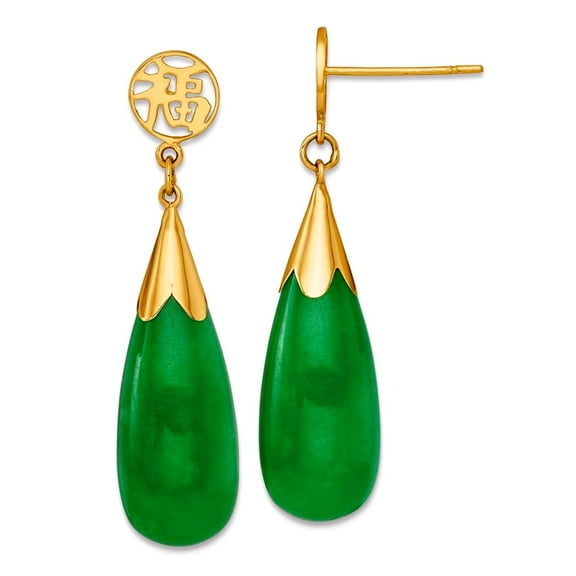 14k Solid Yellow Gold Polished Good Luck Symbol Dyed Jade Teardrop Post Dangle Earrings 33.9x8.2mm Wide Dangle Earring f