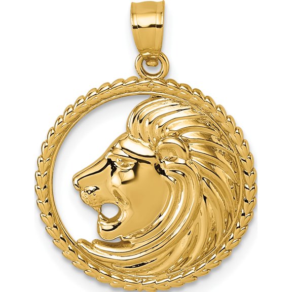 Jewelry by Sweet Pea 14K Yellow Gold Polished Lion with Mane in Textured Circle Pendant
