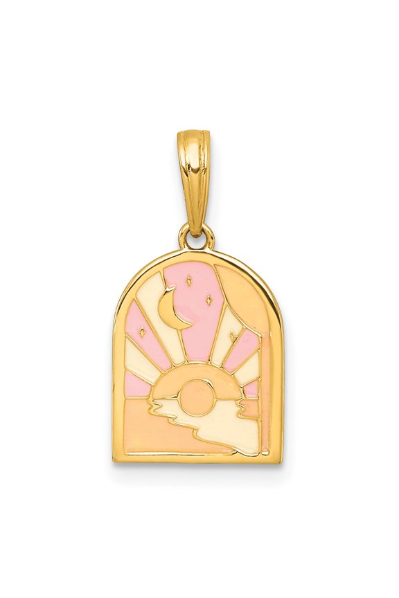 14k Yellow Gold Multi Color Enamel Sunset and Moon Pendant