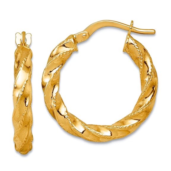 14k Solid Yellow Gold Polished Sparkle-Cut Twist Hoop Earrings 21x20mm Wide 3.2mm Thick Hoop Earring for Women