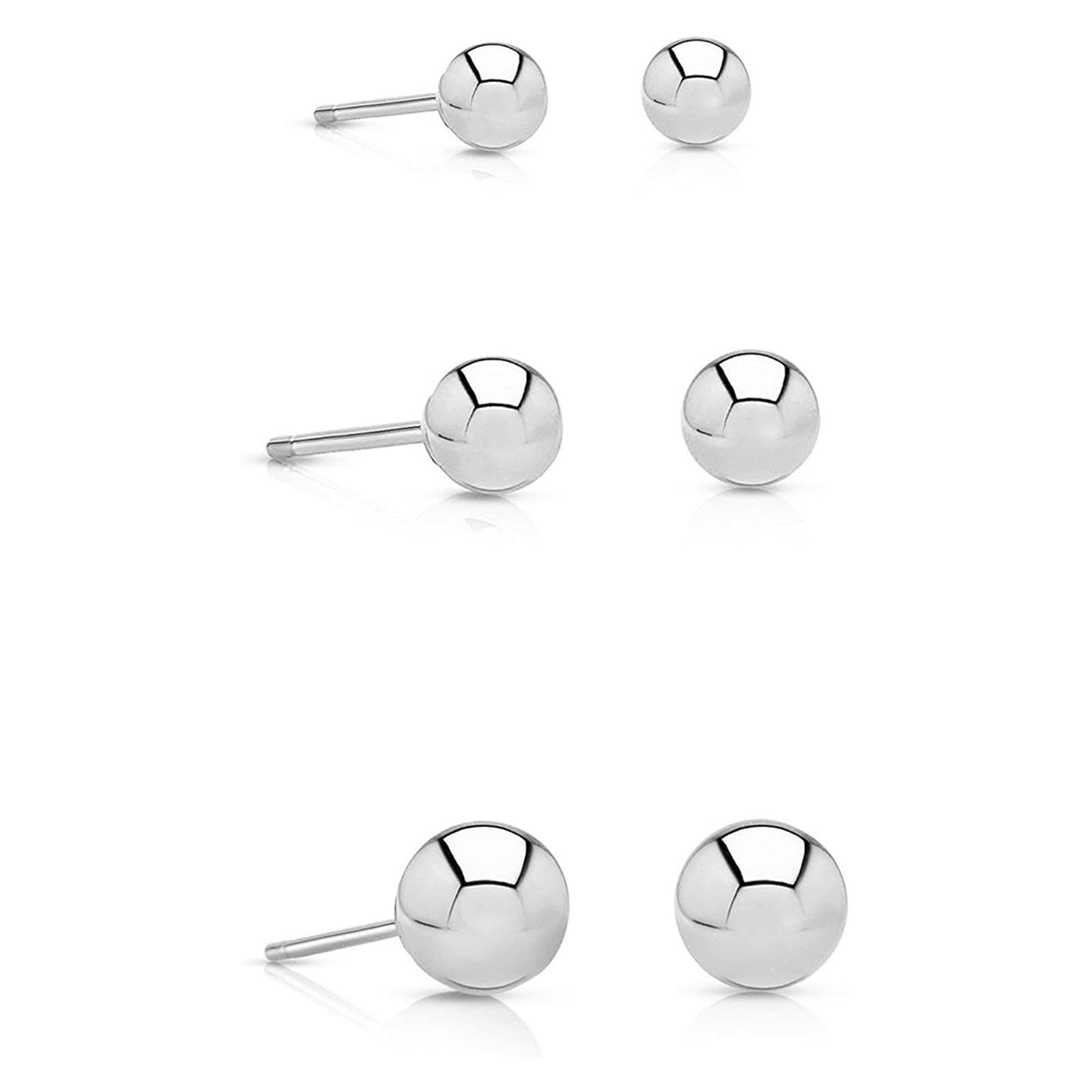 14k Polished White Gold Ball Stud 3 Pair Earrings Set With 14K Secure