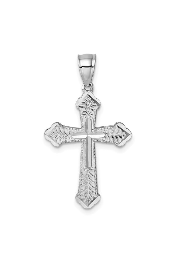 14k Polished White Gold Diamond-cut Fancy Budded Cross Pendant