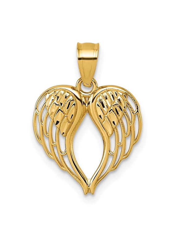 14k Polished and Diamond-cut Cut-out Wings In Heart Shape Pendant