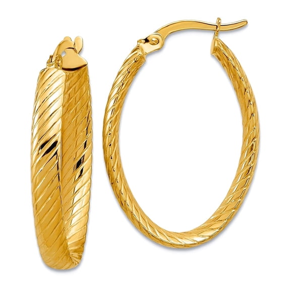 14k Solid Yellow Gold Polished and Grooved Oval Hoop Earrings 27.3x19.7mm Wide 4mm Thick Hoop Earring for Women