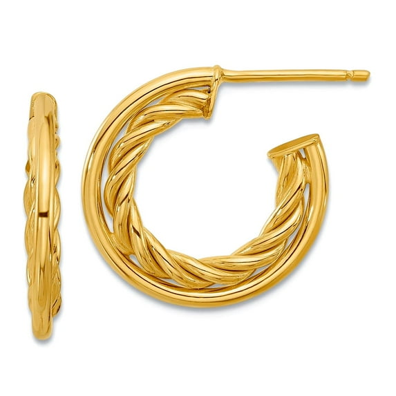 14k Solid Yellow Gold Polished and Textured J-hoop Post Earrings 18x18.3mm Wide 2.5mm Thick Hoop Earring for Women