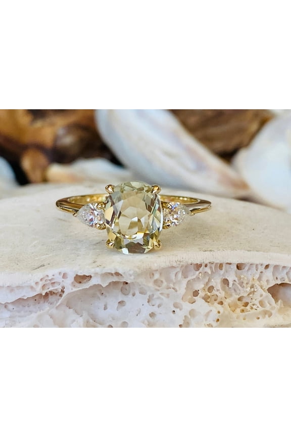 14k Prasiolite Ring, Green Amethyst Ring, Three Stone Prasiolite Ring, Oval Prasiolite Ring, Unique Engagement Ring