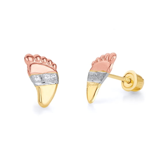 14k REAL Tri Color Gold Foot Stud Earrings with Screw Back