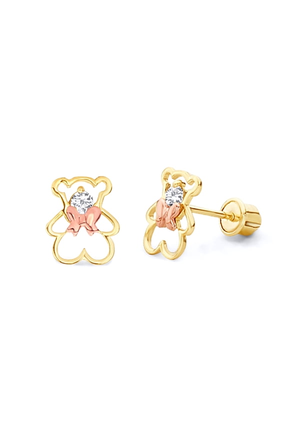 14k REAL Two Tone Gold Bear Stud Earrings with Screw Back