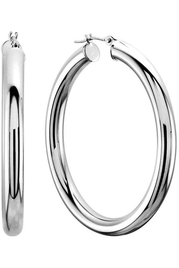 14k REAL White Gold 50MMx3.00MM Thickness Classic Polished Round Tube Hoop Earrings with Snap Post Closure For Women
