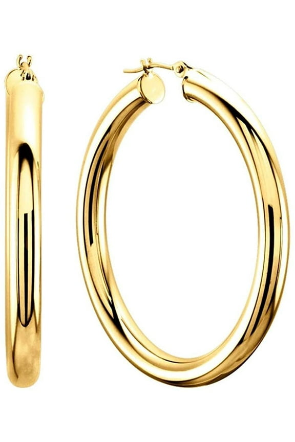 14k REAL Yellow Gold 30MMx3.00MM Thickness Classic Polished Round Tube Hoop Earrings with Snap Post Closure For Women