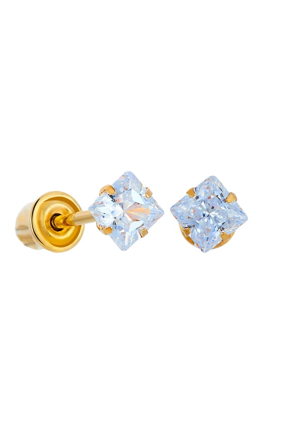 14k REAL Yellow Gold 3mm Peg Head Set Princess Square Solitaire Stud Earringswith Screw Back