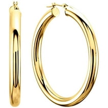 14k REAL Yellow Gold 40MMx3.00MM Thickness Classic Polished Round Tube Hoop Earrings with Snap Post Closure For Women