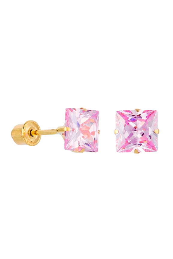 14k REAL Yellow Gold 5mm Peg Head Set Pink Princess Square Solitaire Stud Earringswith Screw Back