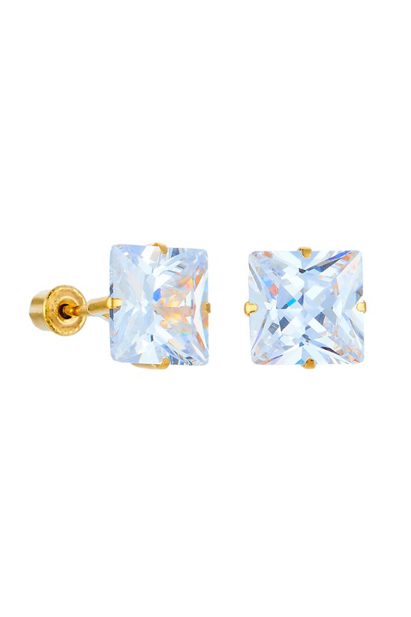 14k REAL Yellow Gold 7mm Peg Head Set Princess Square Solitaire Stud Earringswith Screw Back