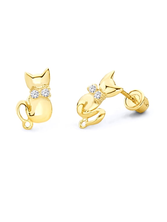 14k REAL Yellow Gold Cat Stud Earrings with Screw Back