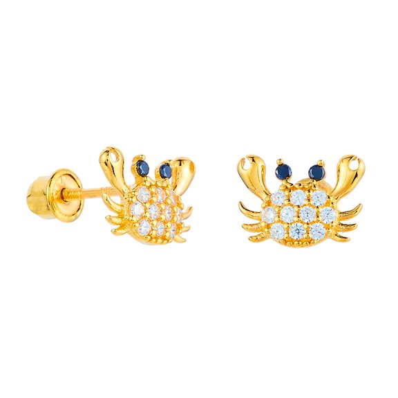 14k REAL Yellow Gold Crab CZ Stud Earrings with Screw Back