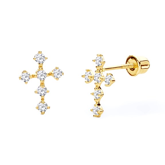 14k REAL Yellow Gold Cross Stud Earrings with Screw Back