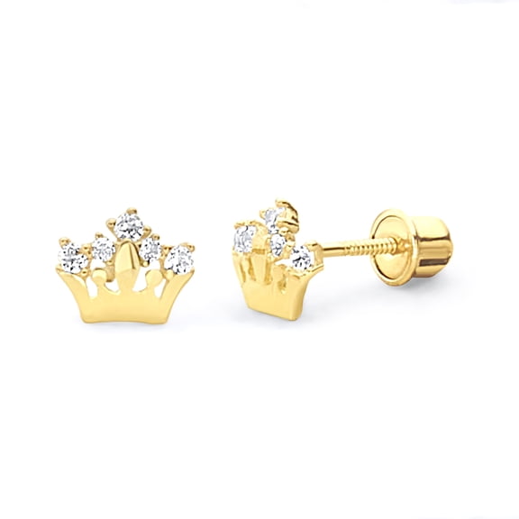 14k REAL Yellow Gold Crown Stud Earrings with Screw Back