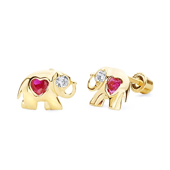 14k REAL Yellow Gold Elephant Heart Stud Earrings with Screw Back
