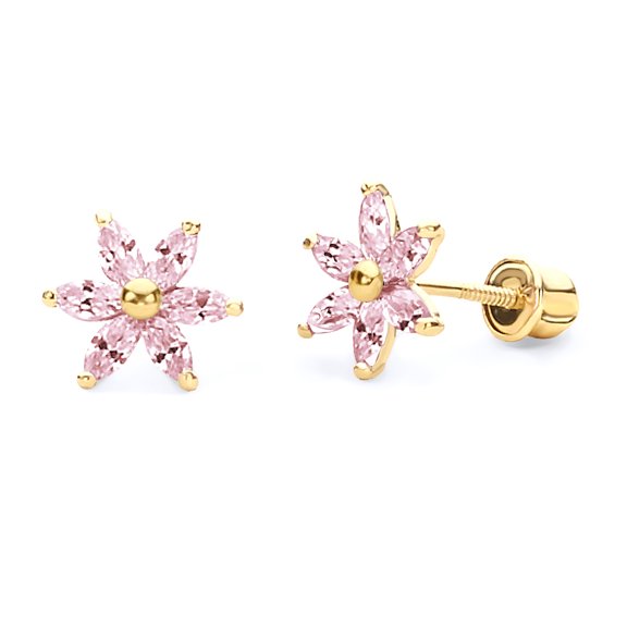 14k REAL Yellow Gold Flower Stud Earrings with Screw Back