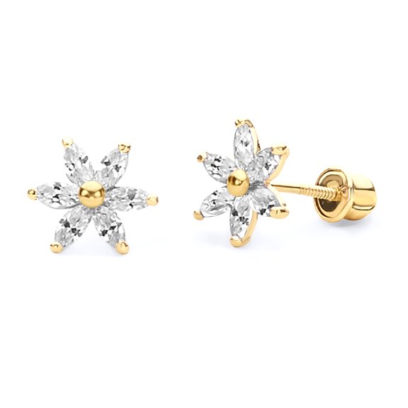 14k REAL Yellow Gold Flower Stud Earrings with Screw Back