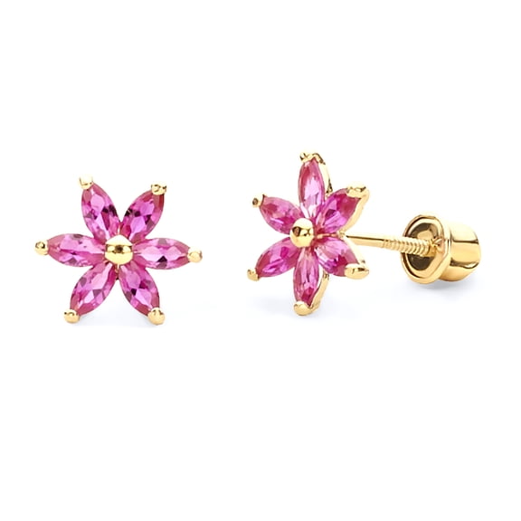 14k REAL Yellow Gold Flower Stud Earrings with Screw Back