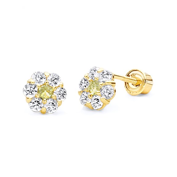 14k REAL Yellow Gold Flower Stud Earrings with Screw Back