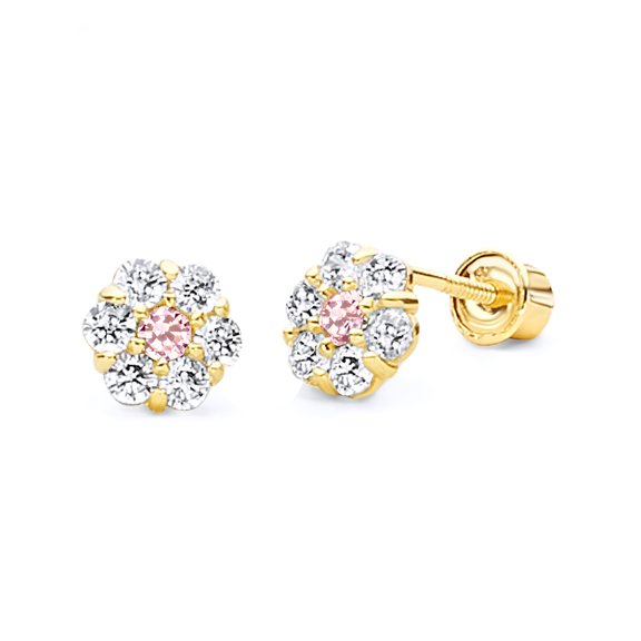 14k REAL Yellow Gold Flower Stud Earrings with Screw Back