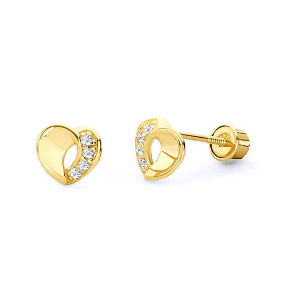 14k REAL Yellow Gold Heart Stud Earrings with Screw Back