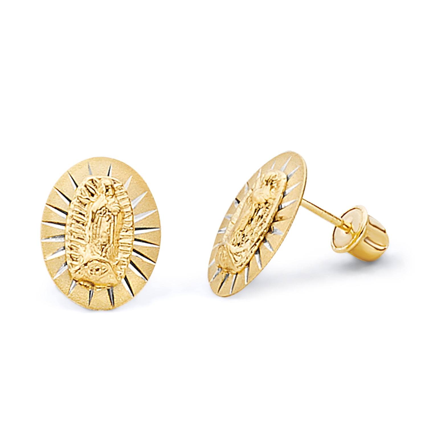 14k REAL Yellow Gold Oval Our Lady of Guadalupe Stud Earrings with ...