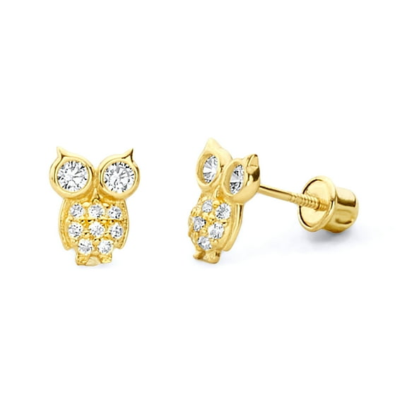 14k REAL Yellow Gold Owl Stud Earrings with Screw Back
