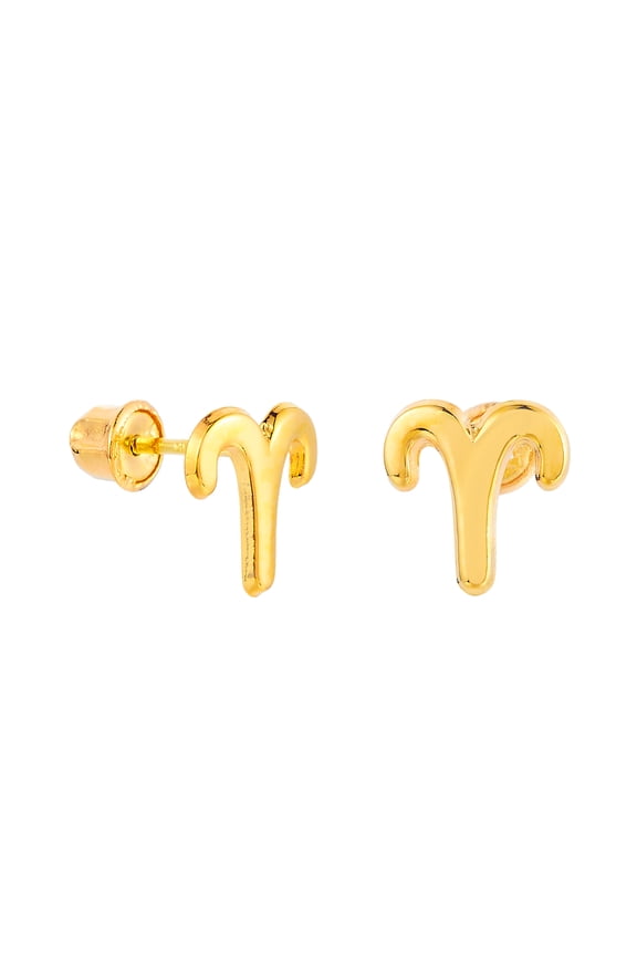 14k REAL Yellow Gold Zodiac-Aries Stud Earrings with Screw Back