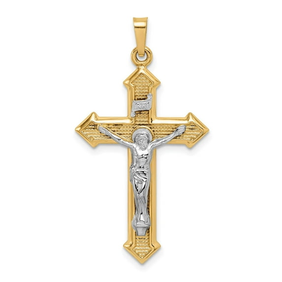 14k Real Gold Crucifix Cross Pendant for Men and Women Two Tone Religious Jewelry with INRI Inscription and Textured High Relief Jesus Figure Christian Faith Symbol