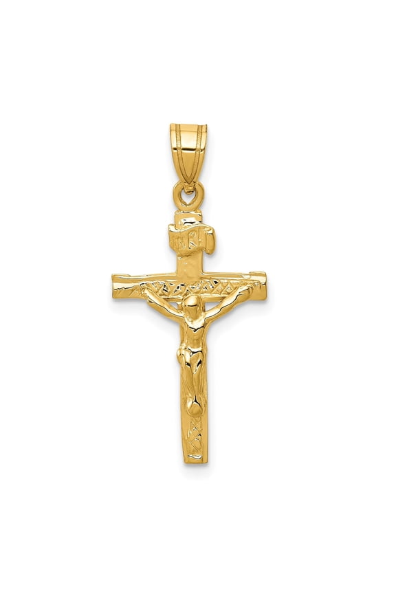 14k Yellow Gold INRI Crucifix Cross Pendant Charm with Beveled Edge, Christian Catholic