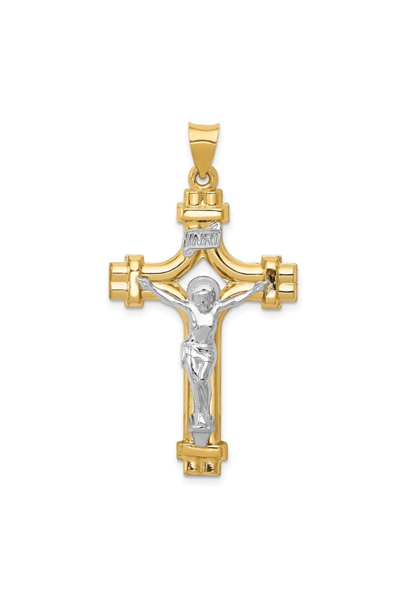 14k Real Gold Crucifix Cross Pendant Necklace for Men and Women Two Tone Polished Jesus Figure Christian Religious Catholic Faith Jewelry