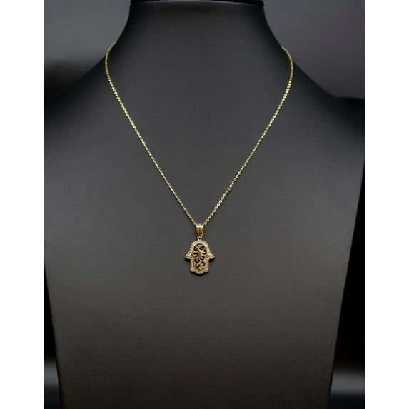 14k Real Gold Hamsa Hand Necklace,14K Real SOLID Gold Fatima Hand Charm, 14k Real Gold 1.3mm Cable Chain Necklace, Gold Hamsa Hand Pendant (Charm and Necklace Lentgh:Charm with 18" Chain;)