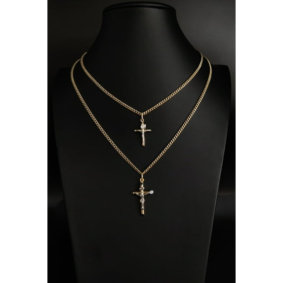 14k Real Gold Jesus Crucifix Pendants Necklace, with 3mm Miami Cuban Chain Necklace , Yellow and White Cross, Gold Inri Cross, Two Tone (Pendant Size:Small; Chain Lenght:Only Pendant;)