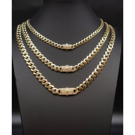 14k Real Gold Miami Cuban Link Chain with Zirconia Box Lock Necklace and Bracelet , 5.2mm - 11mm Real 14K Yellow Gold, 14k Gold Chain (Width:5.2mm; Necklace length:18;)