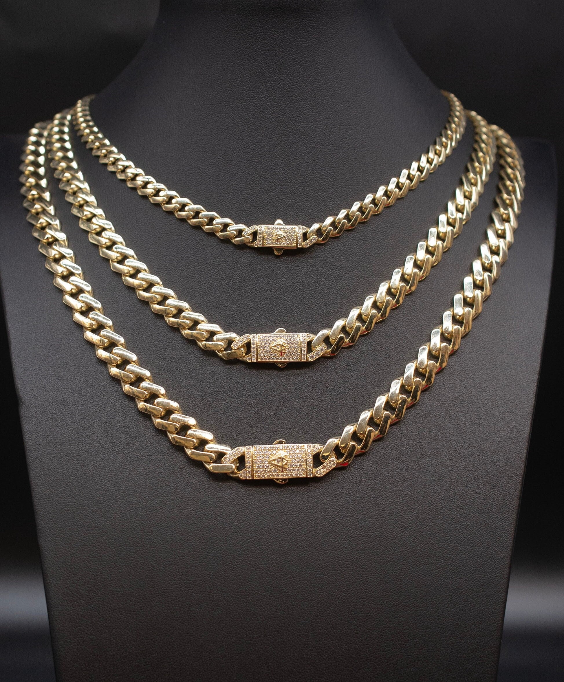 14k Real Gold Miami Cuban Link Chain with Zirconia Box Lock Necklace and Bracelet , 5.2mm - 11mm Real 14K Yellow Gold, 14k Gold Chain (Width:5.2mm; Necklace length:7;)