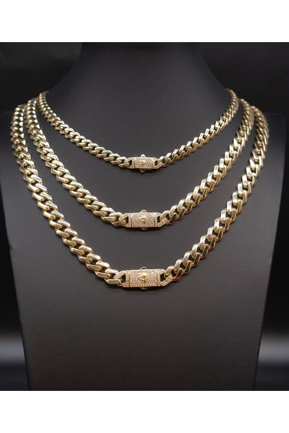 14k Real Gold Miami Cuban Link Chain with Zirconia Box Lock Necklace and Bracelet , 5.2mm - 11mm Real 14K Yellow Gold, 14k Gold Chain (Width:7mm; Necklace length:22;)