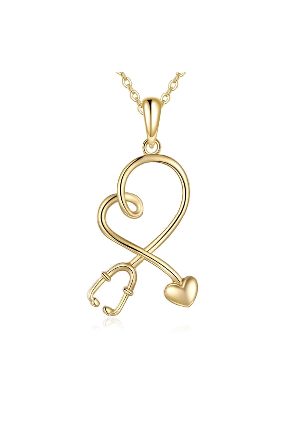 14k Real Gold Stethoscope Necklace for Women, Fine Gold Pendant Jewelry Birthday Gifts for Nurse Doctor (Stethoscope)