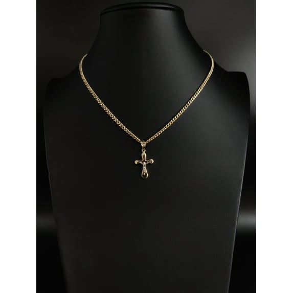 14k Real Solid Gold Jesus Crucifix Pendants Necklace, with 3mm Miami Cuban Chain Necklace , Cross Pendant , Gold Cross Charm, Gift (Chain Lenght:with 20'' chain;)