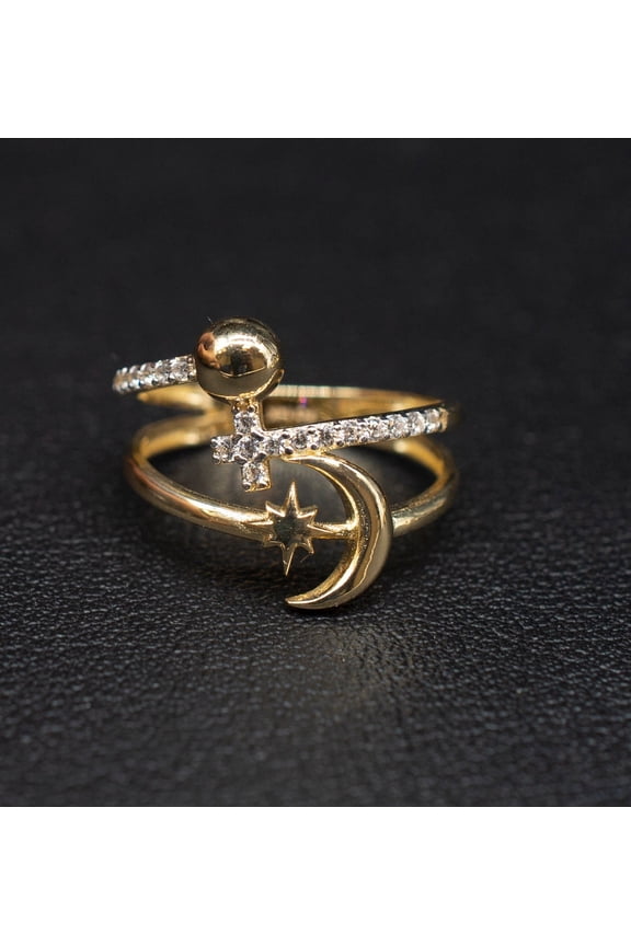 14k Real Solid Yellow Gold Bead Ball, Cross, Moon and Star Ring, 14k Solid Gold Women Ring, Cross Gemstone Gold Ring for Women, Gold Ring (Ring size:8;)
