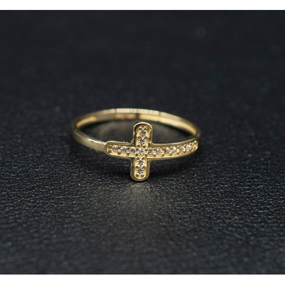 14k Real Solid Yellow Gold Cross Ring, 14k Solid Gold Women Ring, Cross Gemstone Gold Ring for Women, Gift, Gold Ring, Minimalist ring (Ring size:7 1/2;)
