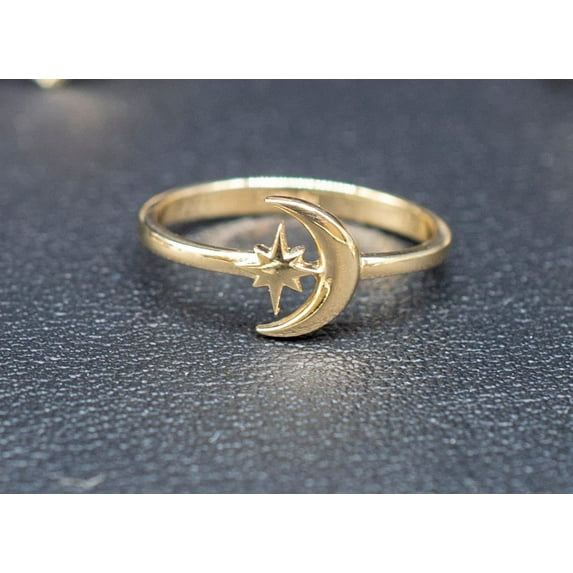 14k Real Solid Yellow Gold Moon and Star Ring, 14k Solid Gold Women Dainty Ring, Crescent Gemstone Gold Ring for Women, Gift,Moon Gold Ring (Ring size:9;)
