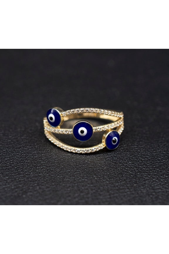 14k Real Solid Yellow Gold Triple Evil Eye Ring, 14k Solid Gold Women Dainty Ring, Evil Eye Gold Ring for Women,14k Evil Eye Gold Ring (Ring size:8 1/2;)